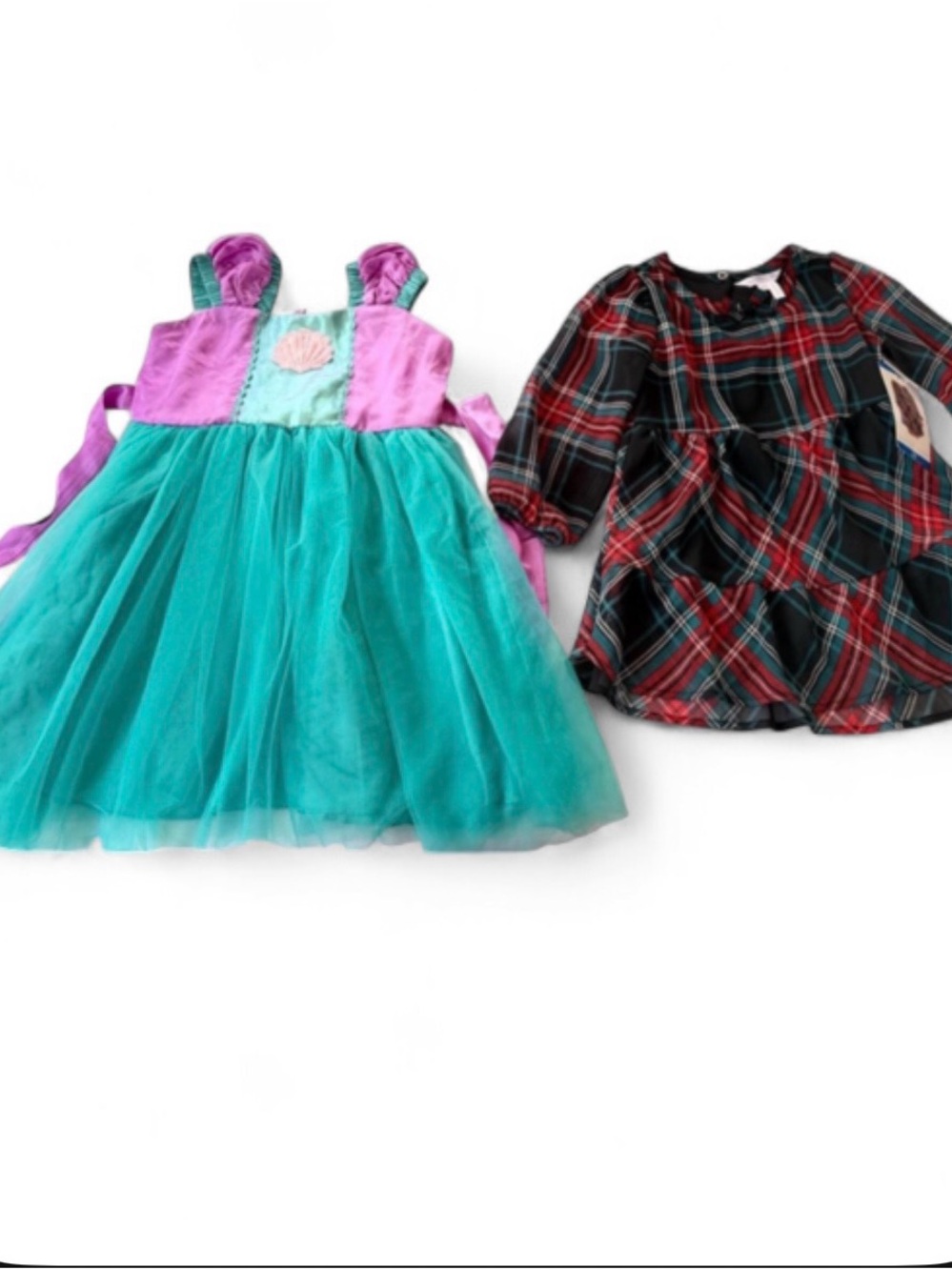 Draper James Girls Teal Tulle Mermaid Dress & Red Plaid Long Sleeve Dress